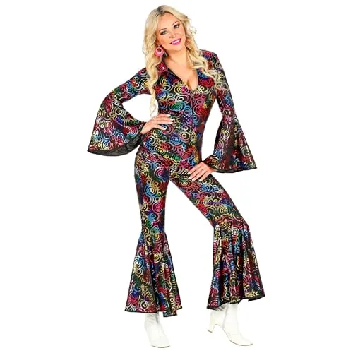 W WIDMANN MILANO Party Fashion - 70er Jahre Disco Kostüm, Dancing Queen Overall - Kostüm-Outfits für Erwachsene, glänzender Overall mit figurbetonendem Schnitt und Trompetenärmeln, perfekt für Fasching und Karneval - werden Sie zur Dancing Queen!