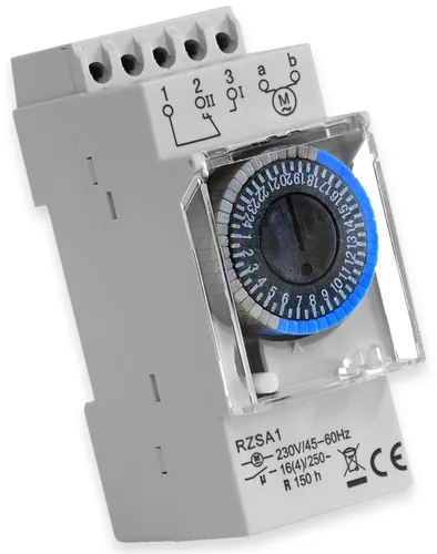RELTECH Zeitschaltuhr RZSA1, 230 V, DIN-Schiene - Praktische Analog-Zeitschaltuhr für die DIN-Schiene, ideal zur Automatisierung von Geräten und Energieeinsparung in verschiedenen Anwendungen.