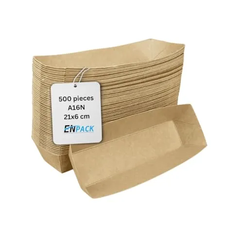 Enpack Snackschale A16 Snackschalen 8x21x4 cm aus Kraftpapier 50 Stück-Einweg Frikandelschale-Pommes-Frites-Trays-Snack Container-Pappschalen-Pappteller-Einweggeschirr Fingerfood