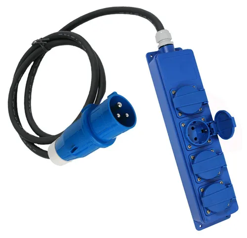 4er Steckdosenleiste Schuko IP44 für Wohnwagen & Boot mit CEE Stecker - Hochwertige 4er Schuko Steckdosenleiste in Blau mit 1,30 m Kabel. Ideal für Wohnmobile, Boote und Caravans – robust und wetterfest für den Einsatz im Freien.