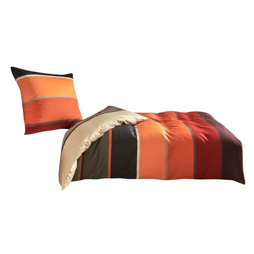 Traumschlaf Mako-Satin Bettwäsche Orlando – Elegante Satin Bettwäsche aus 100% Baumwolle, Ganzjahres Bettgarnitur mit edler Streifenoptik – 135x200 cm + 80x80 cm, Terra