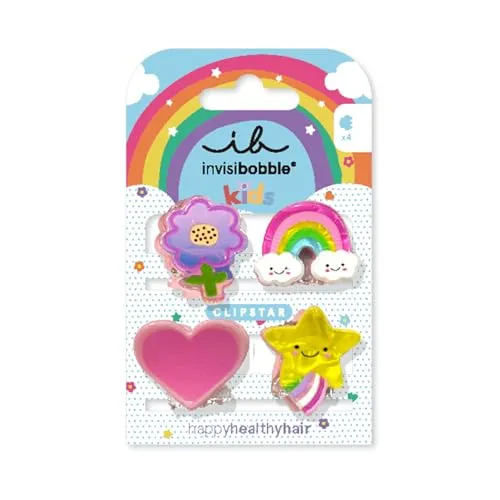 invisibobble CLIPSTAR KIDS HAPPY WORLD - 4 Stück Kinder Haarspangen – Regenbogen-, Stern-, Herz- und Blumen-Design – Rutschfeste Haarclips für gesundes Haar – Perfekt für Mädchen