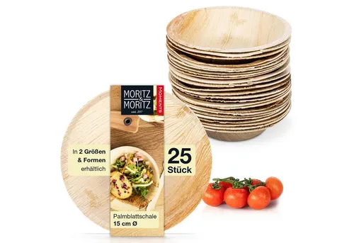 Moritz & Moritz Einweggeschirr-Set Moritz & Moritz 25x Palmblatt Schüssel Rund 15cm (25-tlg), 25 Personen, Palmblatt, Birkenholz, 25x25cm