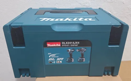 Makita DLX2414AJ Akku-Kombo-Kit 18 V - Leistungsstarkes Werkzeug-Set - Akkuschrauber-Set mit 2 bürstenlosen Motoren, ideal für vielseitige Anwendungen. Inklusive 2 Akkus für längere Einsatzzeiten und hohe Effizienz.