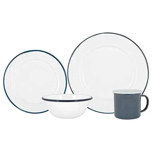 Argon Tableware Weißes Emaille -Abendessen - 25,5cm - 16pc - Blau