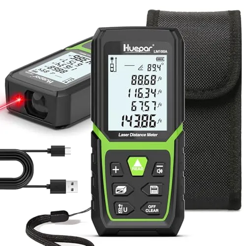 Huepar Laser Entfernungsmesser 50M mit Li-Ion-Akku, mit LCD Hintergrundbeleuchtung M/In/Ft mit Mehreren Messmodi wie Pythagoras/Abstand/Fläche/Volumen Messungen, Verwendung in Innenräumen LM50A