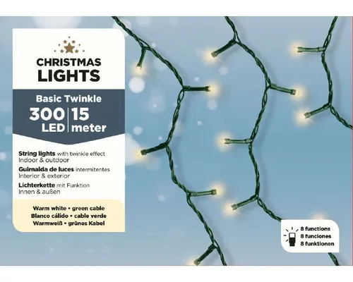Lumineo Lichterkette Basic warm weiß 300 LEDs 15 Meter grünes Kabel Timer IP44
