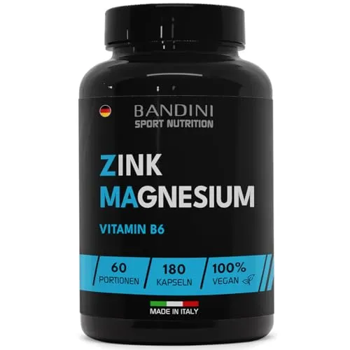 Bandini® Zink Magnesium 180 Kapseln (Abdeckung für 60 Tage) Zink, Magnesium und Vitamin B6, Energie, Erholung und Muskelmasse, reduziert Müdigkeit und Ermüdung, für Damen und Herren, 100% vegan