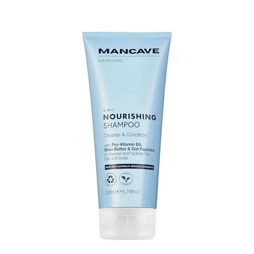 ManCave Nährendes 2-in-1 Shampoo 200ml, stärkt und hydratisiert das Haar, Arganöl & Haferpeptide, bekämpft Schuppen und pflegt die Kopfhaut, sanfte Reinigung mit Panthenol und Sheabutter, Hergestellt