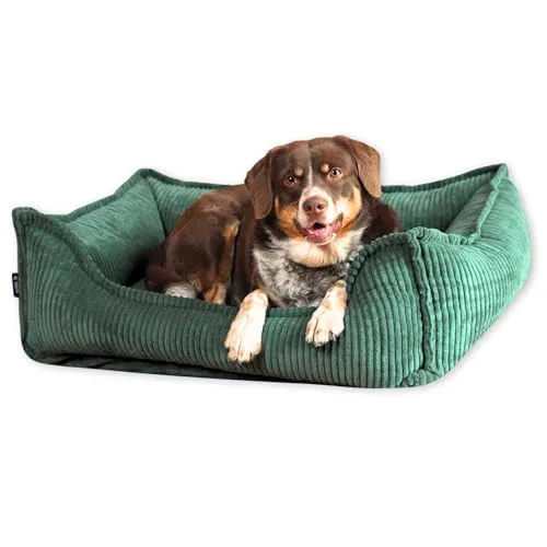 4L Textil Kuscheliges Hundebett aus Cord Hugo Premium-LINE Hundekorb orthopädisch Hundekissen flauschig Hundebett mit Bezug Memory Foam Hundesofa (Grün, 100x80 cm)