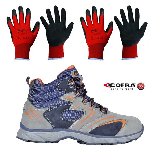 Cofra NEW FITNESS GREY S3 SRC Sicherheitsschuh mit 2 Paar Arbeitshandschuhen - Hochwertige S3 Sicherheitsschuhe mit Stahlkappe und Durchtrittschutz. Ideal für Bau und Industrie, wasserdicht und rutschfest für sicheren Halt. Set mit 2 Paar Arbeitshandschuhen für zusätzlichen Schutz.