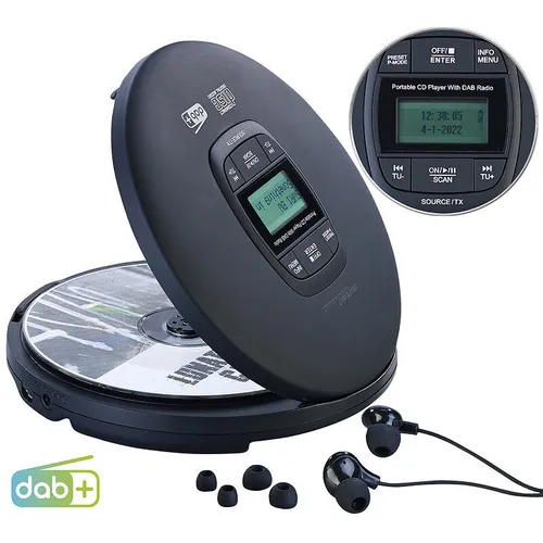 auvisio Tragbarer CD-Player, DAB+ Radio, Bluetooth, Akku, Ohrhörer, Anti-Shock