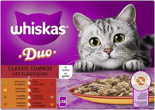 Whiskas Duo Multipack Classic Combos in Gelee | 48x 85g - Katzenfutter für ausgewachsene Katzen, mit hochwertigem Gelee für einen unwiderstehlichen Geschmack und optimale Nährstoffversorgung.
