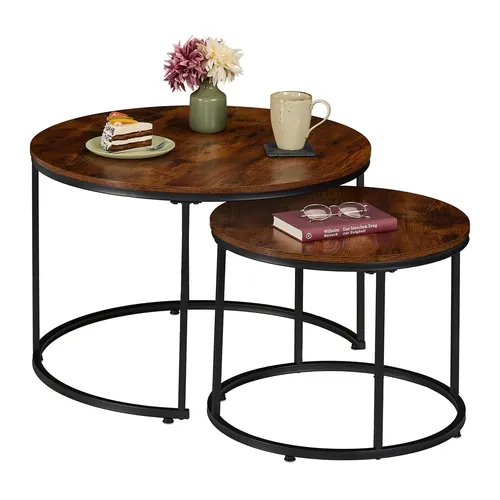Satztisch Blumenhocker 2er Set - Rund und Dunkelbraun - Tische & Stehtische - Stilvoller Kaffeetisch im industriellen Design, ideal für Innenräume mit einer Höhe von 46 cm und einem Durchmesser von 70 cm.