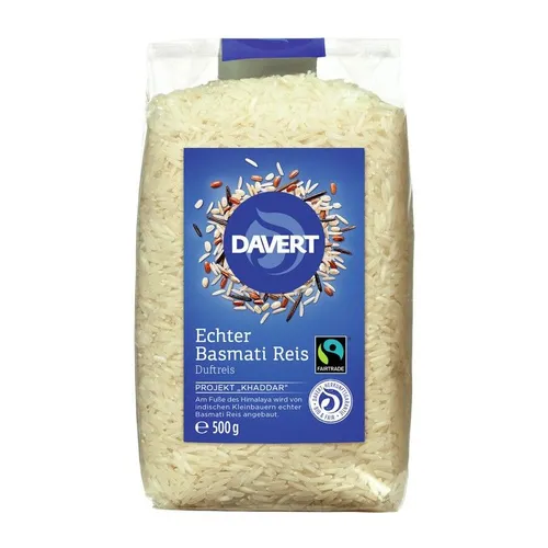 Davert Echter Basmati Reis weiß bio 500g - Bio-Reis aus Indien, direkt vom Himalaya. Fairtrade-zertifiziert, unterstützt Kleinbauernfamilien mit Mindestpreisen und nachhaltigem Anbau.