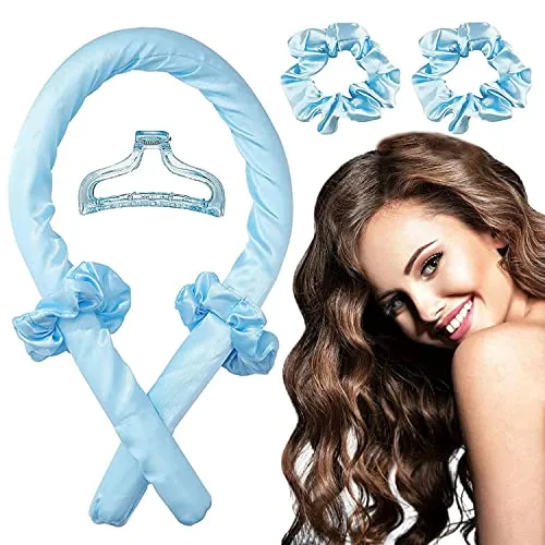 Heatless Curls Band Lockenwickler über Nacht ohne Hitze für lange Haare | Curler Haarband Weich zum Schlafen für große Locken SET inkl. 2x Haargummi + 1x Haarklammer (Blau)