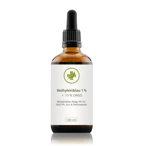 vitalundfitmit100 Methylenblau 1% in 10% DMSO-Lösung - 100 ml Braunglasflasche mit Glas-Pipette - aus 99,9% Reinheit REag. Ph. Eur