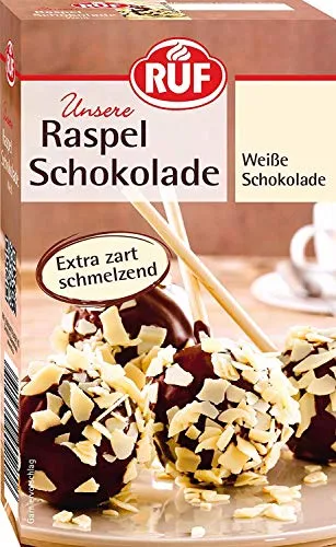 RUF Weiße Raspel-Schokolade - Kochschokolade für kreative Bäcker: Zartschmelzende Raspeln, ideal als Garnitur für Kuchen und Desserts, glutenfrei und vielseitig einsetzbar.