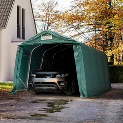 TOOLPORT 3,3x4,8m Zeltgarage - Wetterfeste PVC-Plane in Dunkelgrün - Pavillon: Robuste Zeltgarage mit 100% wasserdichter PVC-Plane, ideal für Fahrräder, Motorräder und mehr. Hohe Standsicherheit dank Bodenrahmen und spezieller Verankerung.