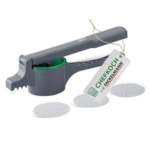 FACKELMANN Chefkoch Spätzlepresse – Multifunktionale Presse für Kartoffeln und Spätzle - Kartoffelpressen & Spätzlepressen – Mit 3 Lochscheiben für variable Teiggrößen (2-3 mm) und ergonomischem Griff für müheloses Pressen. Ideal für leckere Gerichte im Handumdrehen.