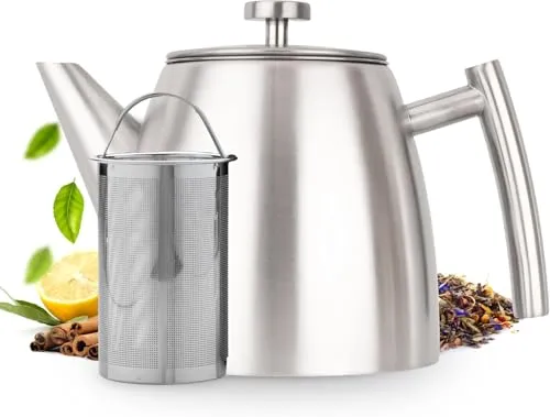 Vaja Trends Teekanne 1L aus Edelstahl - Elegante doppelwandige Teekanne mit 1L Fassungsvermögen und tropffreiem Ausguss, ideal für Teeliebhaber, die ihre Teemomente stilvoll genießen möchten.