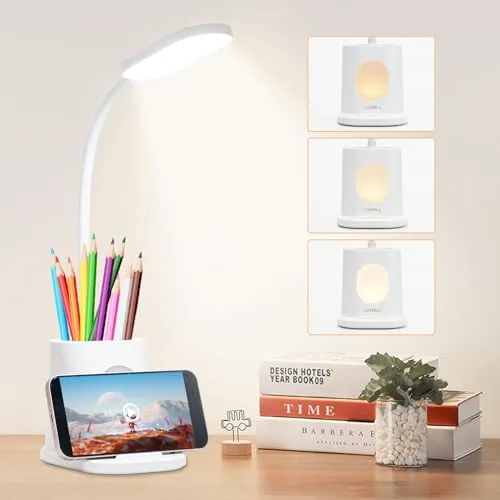 LQWELL LED Schreibtischlampe 4 in 1 - Multifunktionale Schreibtischlampe mit 3 Helligkeitsstufen, integriertem Stifthalter und Telefonhalter für flexibles Arbeiten im Heimbüro.