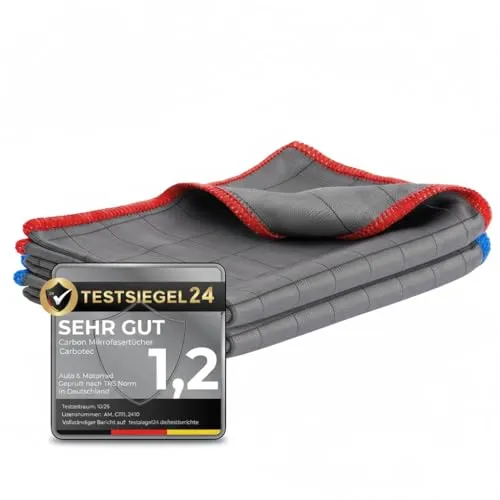 CARBOTEC® 2X Premium Carbon Mikrofaser Glastücher - Professionelle Reinigung fusselfrei & streifenfrei für Glas/Spiegel/Fenster/Autoscheibe - Mikrofasertücher/Waffeltuch mit Carbonfaser (Tuch 400gsm2)