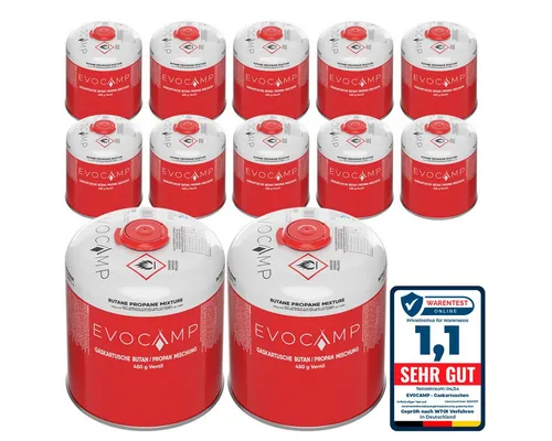 EVOCAMP Gaskartusche 12x Propan Butan 450g, Schraubkartusche Eurogewinde 7/16
