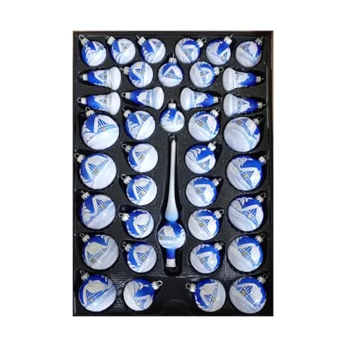 Christbaumschmuck 40er Set in blau-Silber mit Winterlandschaft - Exklusives 40er Set aus mundgeblasenem Glas, handgefertigt in Thüringen - perfekt für eine festliche Weihnachtsstimmung.