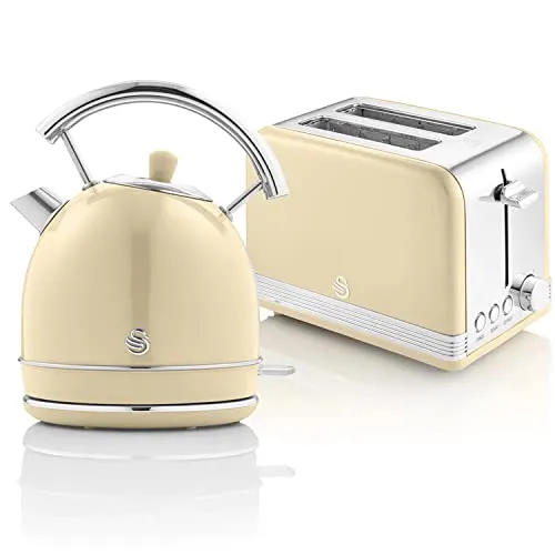 Swan Retro Set Frühstückswasserkocher & Toaster - Vintage Design Set mit 1,8L kabellosem Wasserkocher und 2-Scheiben Toaster, ideal für ein stilvolles Frühstückserlebnis und schnelle Zubereitung.