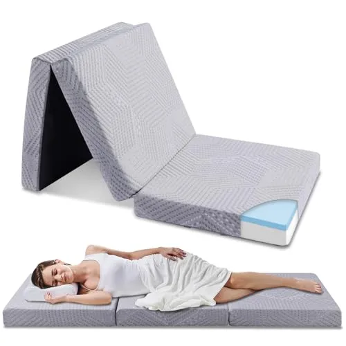EGO Home Klappmatratze 75x195 cm, Höhe 10 cm Gästematratze Klappbar, Härtegrade H3 Faltbare Matratze, Reisematratze, 3-Teilige Visco Gel Schaumstoff Faltmatratze für Reisen, Camping, Boden, Gästebett
