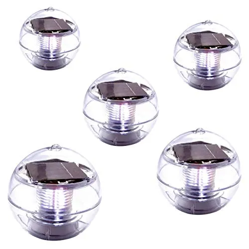 Nexos Trading 5er Set Solar Schwimmkugel 2 LED weiß Solarlampe Kugel 11 x 11 x 11,5 cm Teichbeleuchtung Solarkugel Dekolicht Solarbeleuchtung