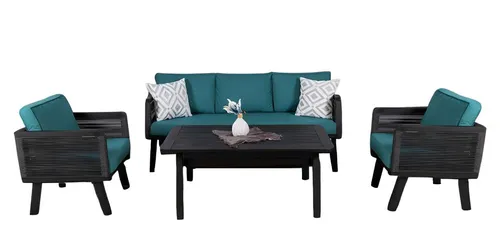 Sitzgruppe Gartenmöbel Lounge Set 4tlg. mit Couchtisch und Sesseln - Moderne Sitzgruppe aus Holz und Acryl für bis zu 5 Personen, inklusive Kissen. UV-geschützt und wasserresistent, ideal für entspannte Stunden im Freien.