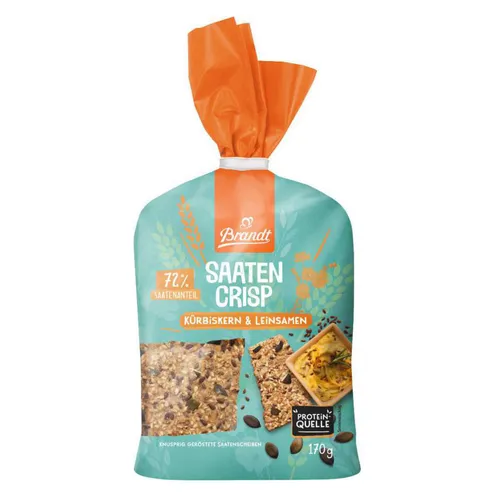 Brandt Saaten Crisp Kürbiskern und Leinsamen 130g - Knäckebrot mit hohem Saatenanteil, ideal für eine gesunde Ernährung und reich an Ballaststoffen.