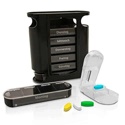 Nestor&Gamble Tablettenbox 7 Tage 4 Fächer inkl. Tablettenteiler für kleine Pillen und große Pillen - Hochwertige Pillendose 7 Tage morgens mittags abends nachts - Medikamentenbox mit Tablettencutter