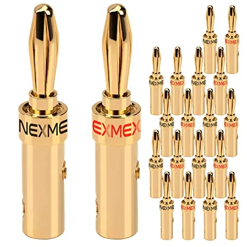 NEXMEX Bananenstecker 4mm schraubbar für Lautsprecherkabel - 20 Stück Steckverbinder als Set - Stecker 24K vergoldet - für HiFi Receiver