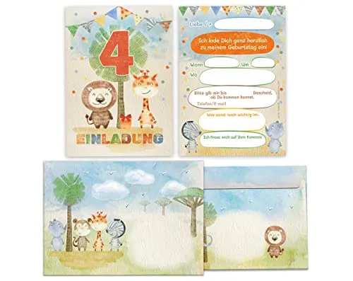 Junapack 12 Einladungskarten incl. 12 Umschläge zum vierten Geburtstag 4. Kindergeburtstag für Mädchen Jungen Tiere