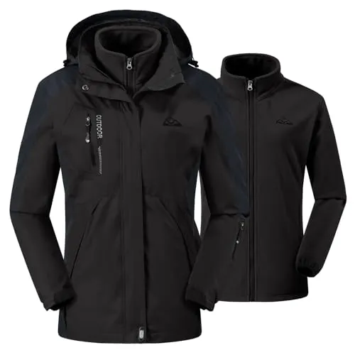 donhobo Damen Outdoor 3-in-1 Skijacke, Zweiteilige Winterjacke mit Fleecejacke, Winddicht Wasserdicht Freizeitjacke Warm Mantel Jacke mit Kapuze Schwarz L