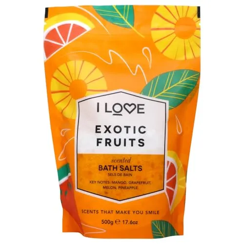 I Love Exotic Fruit Scented Bath Salts, With 99% Natural Derived Ingredients Including ACB Bio-Water Bamboo, Lightly Fragranced Leaving Skin Feeling Silky & Smooth, Vegan-Friendly - 500g