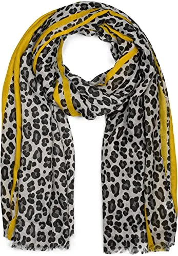 styleBREAKER Damen Schal mit Leo Muster und farbigem Streifen | Weiches Material mit Fransen | Animal Print Tuch in One Size, Farbe:Grau-Gelb