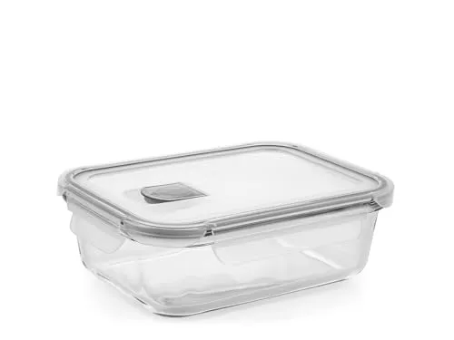 H&H Rechteckiger Glasbehälter mit Deckel aus Polypropylen mit Ventil – 630 ml, 18 x 13,5 cm – luftdicht, spülmaschinen-, mikrowellen- und ofenfest (ohne Deckel)