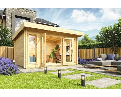 Gartenhaus DORSET 2 Blockhaus aus Holz, 34 mm, 410x320 cm - Modernes Gartenhaus mit Fußboden, abschließbar und aus naturbelassenem Holz. Ideal als Home Office oder zusätzlicher Stauraum im Garten.