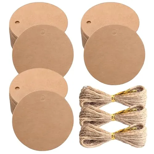 Stück GeschenkanhäNger Rund Kraftpapier Etiketten Geschenkanhänger zum Beschriften, Geschenk AnhäNger, Mit 60 Meter Hanfseil, FüR Partys, Basteln, Hochzeiten, Weihnachten, Verpackungen 300