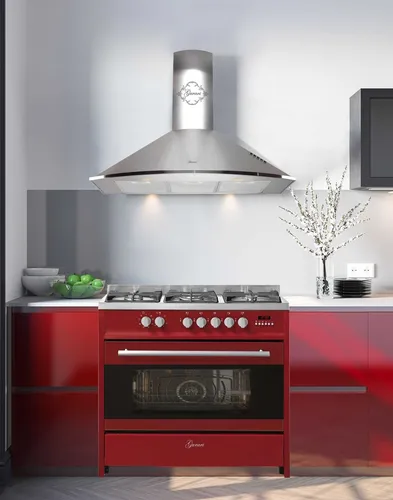 GURARI Gas-Standherd GCH E 911 R + Dunstabzugshaube GCH C 046 BL 9 - 90 cm Gas Elektro Standherd mit 121L XXL Backofen und 5 Kochstellen, inklusive leistungsstarker Dunstabzugshaube für effiziente Luftreinigung.