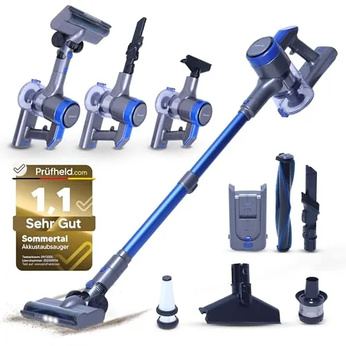 Sommertal Akku Staubsauger VARIO150 | 3in1 Turbosauger mit 45min Laufzeit - Stabstaubsauger mit 3 Saugstufen und Schnellladefunktion – ideal für bis zu 300m². Flexibles Design mit LED-Licht und Knickgelenk für müheloses Reinigen auch in Ecken.