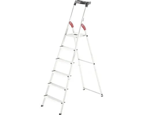 Hailo Stufenleiter L60 Standardline Silber – 6 Stufen - Leiter für sicheres Arbeiten bis 3,05 m Höhe, mit Eimerhaken und multifunktionaler Schale, ideal für Heimwerker und Profis.