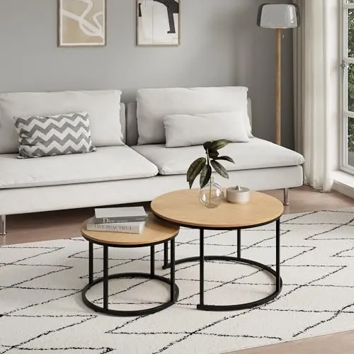 Beistelltisch Set 2 in 1 - Couchtisch 2er Set rund aus Holz mit Metallgestell - Beistelltische fürs Wohnzimmer, modernes Loft Design mit platzsparender Verschachtelung und hoher Stabilität für vielseitige Nutzung im Wohnraum.