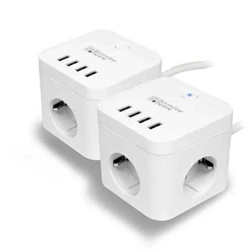 2er Set Steckdosenwürfel Mehrfachsteckdose Weiss 3 Steckdosen + 4X USB A Port mit beleuchteten EIN-/Ausschalter