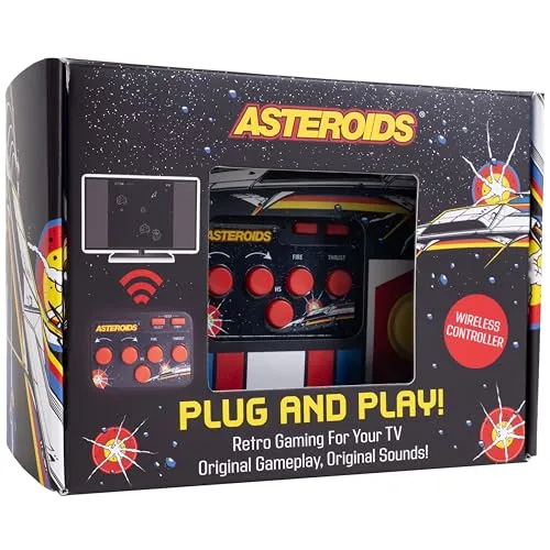 Fizz Creations Asteroids Plug & Play HDMI Arcade Spielekonsole mit kabellosem Controller, klassisches Retro-Spiel für TV, Familien-Retro-Gaming, Nostalgie-Geschenk