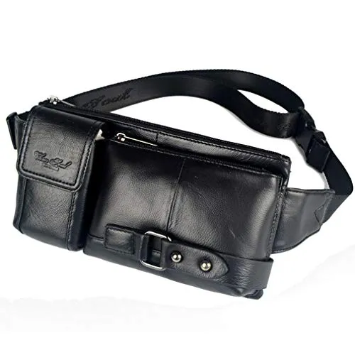 Herren Echtes Leder Bauchtasche Hüfttasche Gürteltasche Wandertasche Sport Freizeit Hip Bum Bag Reisetasche Damen Nieten Bote Brust Gürtel Beutel Arsch Pack Taille Tasche Schwarz